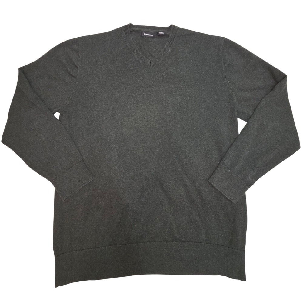 Claiborne Mens XL Charcoal Gray Cotton Cashmere V-Neck Pullover Sweater 0963